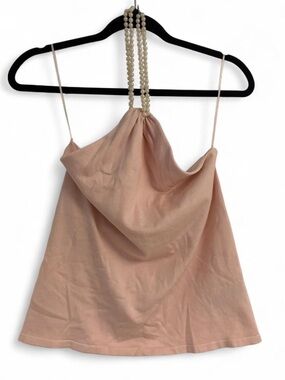 Ralph Lauren Pearl-Halter Blush Draped Silk Cami with Pearls